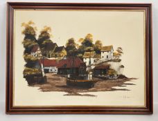 A FRAMED OIL ON CANVAS DEPICTING A FISHING VILLAGE SCENE BEARING SIGNATURE K.