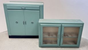 A 1950s GREEN PAINTED KITCHEN UNIT WITH GLAZED CUPBOARD ABOVE.