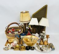 TWO BOXES OF ASSORTED COLLECTIBLES TO INCLUDE TREEN, PAIR OF OAK TABLE LAMPS AND SHADES,