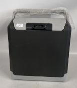 A HALFORDS 12/240 VOLT PORTABLE COOLBOX COMPLETE WITH CABLES.