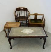 A GROUP OF OCCASIONAL FURNITURE TO INCLUDE OAK OFFICE CHAIR, INLAID MAHOGANY HINGED STOOL,