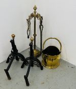 PAIR BLACK METAL AND BRASS ANDIRONS: BRASS COLUMN FIRE IMPLEMENT STAND WITH VARIOUS IMPLEMENTS: AND