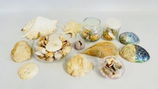 A BOX OF ASSORTED SHELLS + A TWO PART ROCK CRYSTAL SPECIMEN.