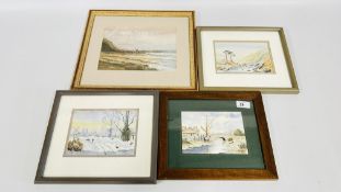 A GROUP OF 3 X FRAMED AND MOUNTED WATERCOLOURS BEARING SIGNATURE RYO BAKER + A FRAMED AND MOUNTED