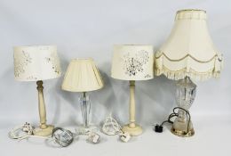 A GROUP OF MODERN TABLE LAMPS INCLUDING PRESSED GLASS, PAIR OF CREAM PAINTED ETC - SOLD AS SEEN.