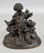 A C19TH FRENCH BRONZE OF A CHILD SEATED ON A BENCH FEEDING FARMYARD FOWL, ON OVAL BASE, H 15CM.