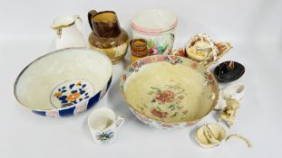 A PORCELAIN MASK JUG, HEIGHT 17.5CM. A LENHAM START-RITE SHOE, AN AGATE OVAL DISH LENGTH 13CM.