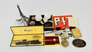 COLLECTABLE ITEMS INCLUDING A SILVER TOP JAR AND A WATERMAN'S PEN SET ETC.