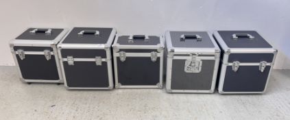 GROUP OF 5 BLACK FLIGHT CASES, THE LARGEST 36 X 36CM.