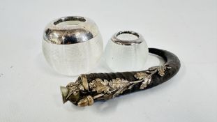 TWO SILVER RIMMED MATCH HOLDERS AND A VICTORIAN CIGAR CUTTER FASHIONED FROM A HORN.