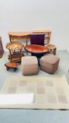 A GROUP OF OCCASIONAL FURNITURE TO INCLUDE CIRCULAR DRINKS STAND, WICKER HEXAGONAL TABLE,
