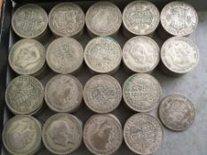 COINS: TUB WITH PRE 1947 SILVER HALFCROWNS, FACE £18-12½, WEIGHT 2.01 KILOS APPROX.