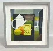 REG CARTWRIGHT: STILL LIFE WITH FRUIT AND COFFEE POT, OIL ON BOARD, 36 X 36CM.