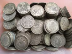 COINS: TUB WITH PRE 1947 SILVER FLORINS, FACE £18-10, WEIGHT 2 KILOS APPROX.