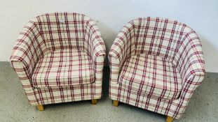 A PAIR OF MODERN CHECK UPHOLSTERED TUB CHAIRS.