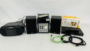 GROUP OF HOUSEHOLD ELECTRICALS TO INCLUDE PANASONIC MUSIC SYSTEM (SA-PM45DB) WITH ASSOCIATED