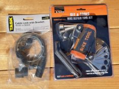 12 X AS NEW HOUSE AND HOME DIY AND TOOLS BIKE REPAIR KITS AND 12 AS NEW TASK CABLE LOCKS.