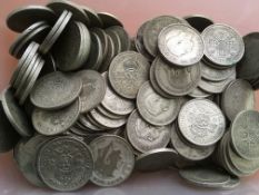 COINS: TUB WITH PRE 1947 SILVER FLORINS, FACE £18-10, WEIGHT 2 KILOS APPROX.