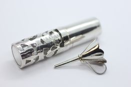 A SILVER ATOMISER AND FUNNEL, BOXED.