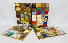 4 X WOODEN PANELS MOUNTED WITH A COLLECTION OF PLAQUES RELATING TO CAR RALLIES, RAILWAY INTEREST,