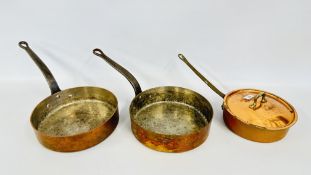 3 VINTAGE 1940'S ORIGINAL QUALITY COPPER PANS VERY HEAVY WITH RIVETED CAST IRON HANDLES,