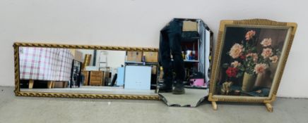 ORNATE GILT FRAMED WALL MIRROR LENGTH 123CM AND A ART DECO STYLE BEVEL EDGE MIRROR AND A FIRE