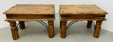 A PAIR OF HARDWOOD OCCASIONAL TABLES WITH METAL STUD DETAIL, 41 X 60 X H 40CM.