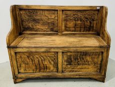 OAK BENCH SEAT WITH HINGED STORAGE.