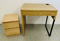 MODERN OAK FINISH MONITOR DESK ON BLACK METAL CRAFT LEGS.