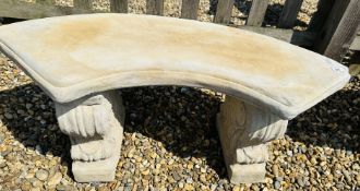 A CLASSICAL DESIGN STONEWORK GARDEN BENCH WITH SCROLLED SUPPORTS, LENGTH 100CM.