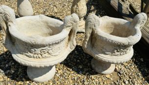 A PAIR OF PEDESTAL STONEWORK GARDEN PLANTERS WITH DOUBLE SCROLLED HANDLE DETAIL, HEIGHT 52CM.