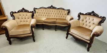 REPRODUCTION ITALIAN STYLE 3 PIECE SUITE COMPRISING OF TWO SINGLE ARMCHAIRS AND TWO SEATER SOFA -