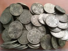 COINS: TUB WITH PRE 1947 SILVER FLORINS, FACE £18-10, WEIGHT 2 KILOS APPROX.