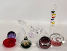 GROUP OF GLASSWARE TO INCLUDE PAPERWEIGHTS, GALILEO THERMOMETER, DOLPHIN & ELEPHANT FIGURINE.