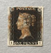 STAMPS: GB 1840 1d BLACK USED, FOUR CLOSE TO GOOD MARGINS, BADLY THINNED.