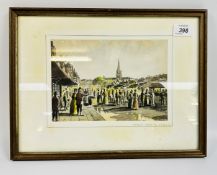 A FRAMED AND MOUNTED WATERCOLOUR TITLED YARMOUTH MARKET BEARING SIGNATURE J.A.