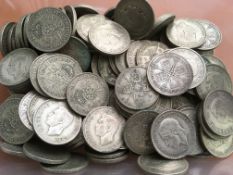 COINS: TUB WITH PRE 1947 SILVER FLORINS, FACE £18-10, WEIGHT 2 KILOS APPROX.
