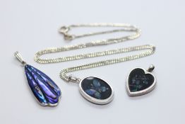 A SILVER OVAL BUTTERFLY PENDANT NECKLACE & CHAIN + A FURTHER HEART PENDANT AND A SILVER ABOLONE