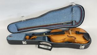 A VIOLIN AND BOW IN A FITTED HARD CASE.