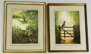 RAY CANHAM 2 X WATERCOLOURS DEPICTING COCK PHEASANTS IN WOODLAND SCENES EACH 37 X 27.