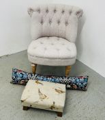 A GREY UPHOLSTERED CHAIR, A DRAFT EXCLUDER + FOOTSTOOL.