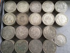 COINS: TUB WITH PRE 1947 SILVER HALFCROWNS, FACE £18-12½, WEIGHT 2.01 KILOS APPROX.