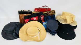 A BOX OF ASSORTED VINTAGE BAGS TO INCLUDE LOUVIER & SKIN EXAMPLE + A BOX OF VINTAGE STRAW & FELT