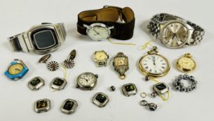 A GROUP OF WRIST WATCHES AND FACES TO INCLUDE A VINTAGE TIMEX EXAMPLE + A PAIR OF SILVER AND ENAMEL