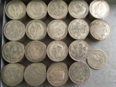 COINS: TUB WITH PRE 1947 SILVER HALFCROWNS, FACE £18-12½, WEIGHT 2.01 KILOS APPROX.