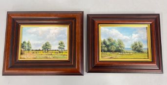 TWO FRAMED OIL ON BOARDS TITLED SHEEP NEAR HALVERGATE 16 X 11CM & LATE SUMMER NEAR ELLINGHAM 16 X