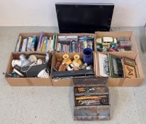 6 BOXES SUNDRIES TO INCLUDE DVD'S, CD'S, BOOKS, DIE-CAST MODEL VEHICLES, DESK LAMPS,