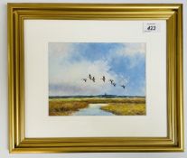 A FRAMED & MOUNTED OIL ON BOARD TITLED BRENT GEESE CLEY MARSH NORTH NORFOLK BEARING SIGNATURE JAMES