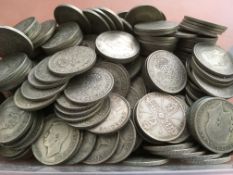 COINS: TUB WITH PRE 1947 SILVER FLORINS, FACE £18-10, WEIGHT 2 KILOS APPROX.