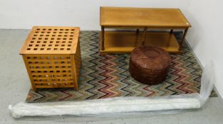 MODERN OAK FINISH RECTANGULAR COFFEE TABLE, LAUNDRY BIN, LEATHER POUFFE,